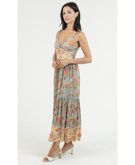 Spaghetti Strap Deep V-Neck Maxi Dress w/ Center Cutout