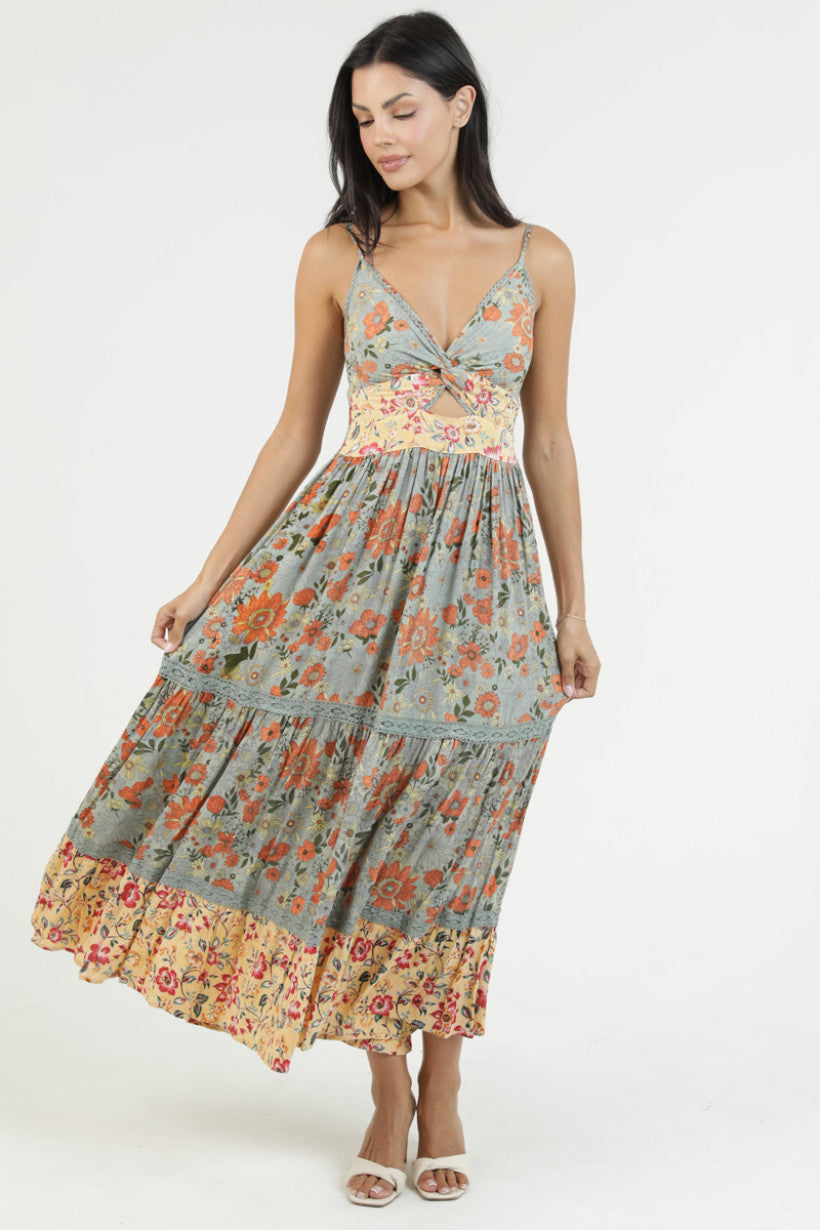 Spaghetti Strap Deep V-Neck Maxi Dress w/ Center Cutout