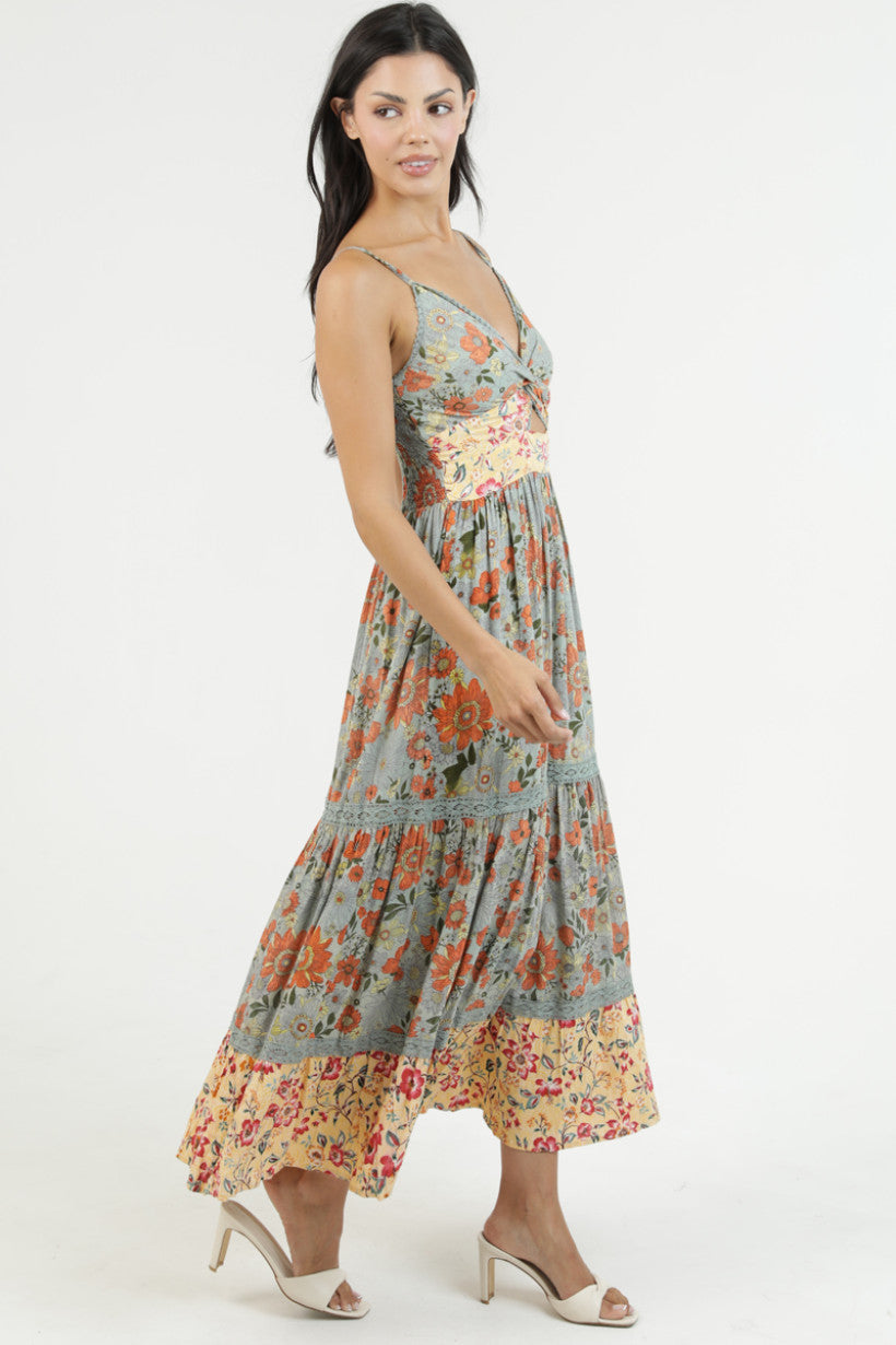 Spaghetti Strap Deep V-Neck Maxi Dress w/ Center Cutout