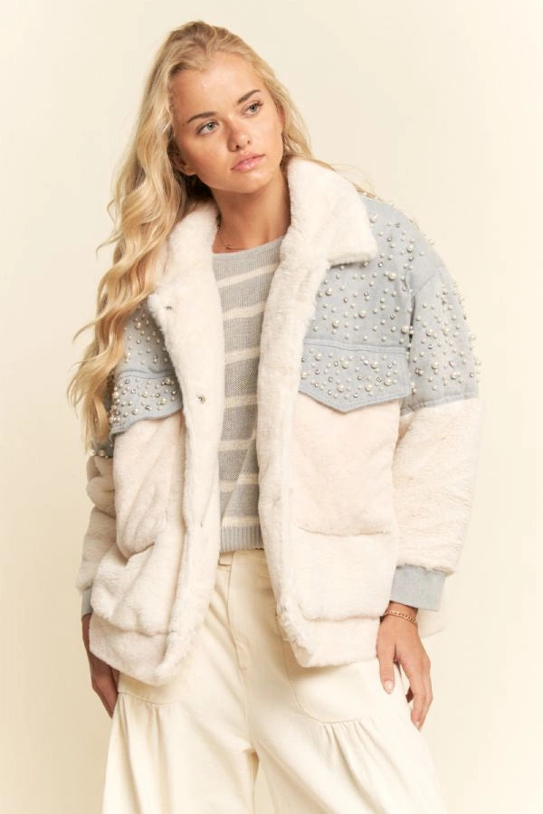 Pearl Studded Contrast Sherpa Jacket