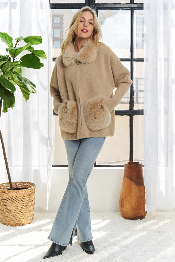 Faux Fur Accent Zip Up Sweater Coat