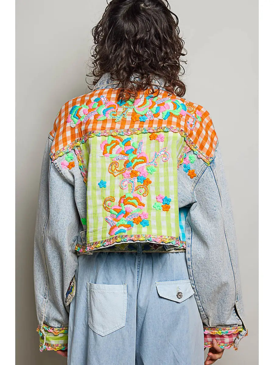 Plaid Contrast Embroidery Denim Jacket