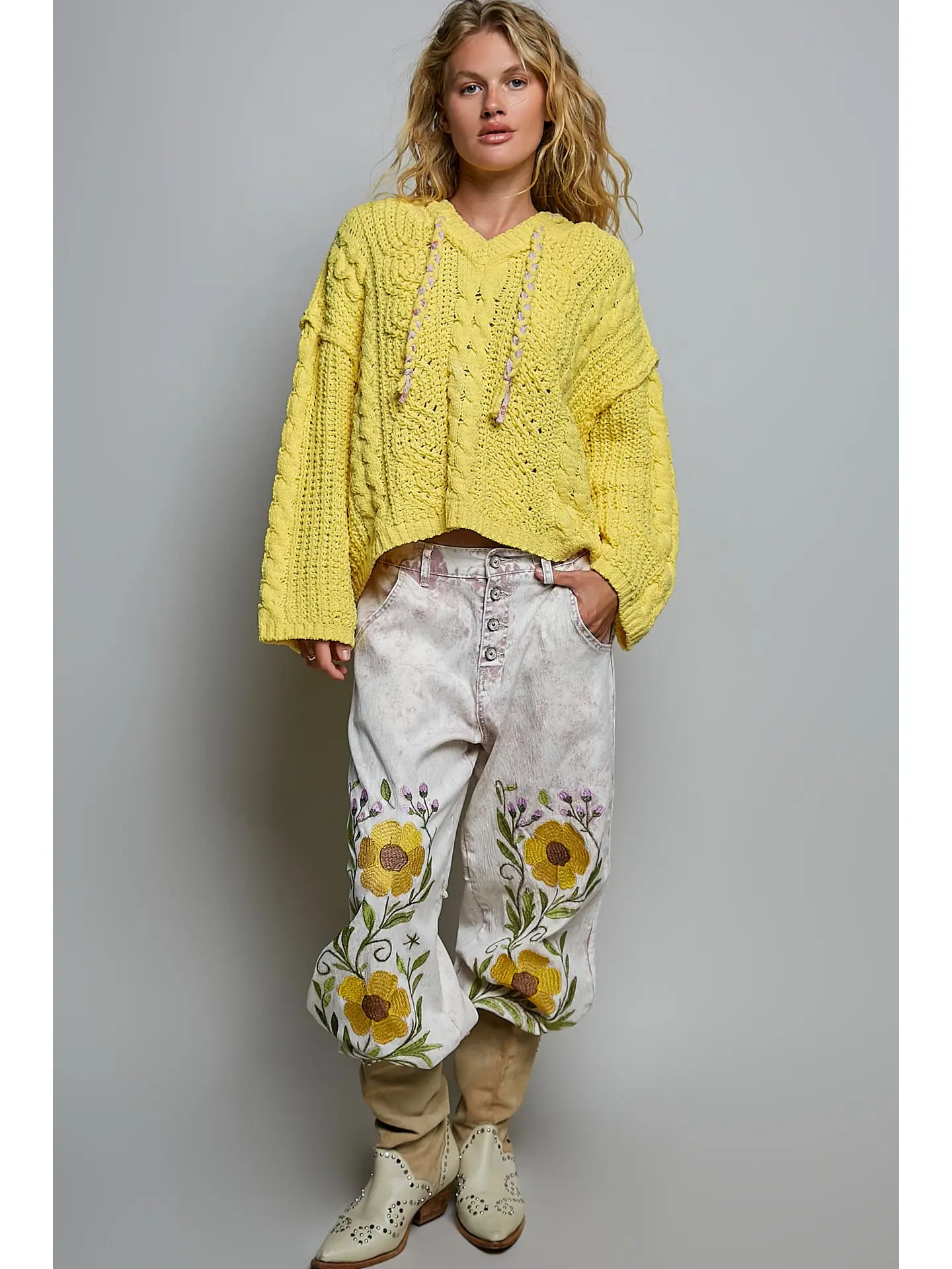 Oversize Fit V-Neck Hooded Cable Knit Chenille Sweater