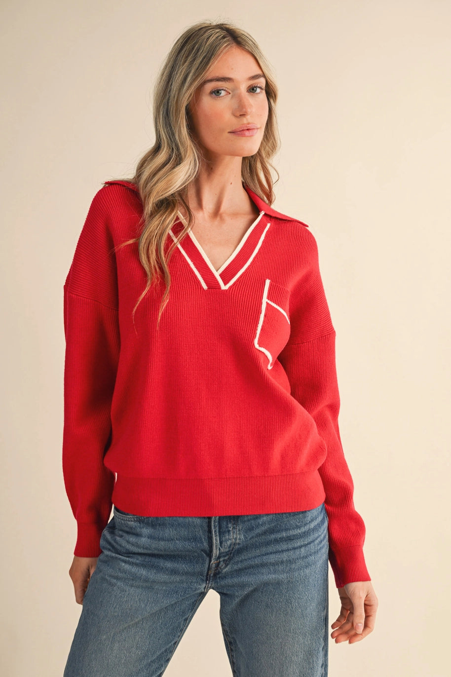 Ribbed Collared Pullover Sweater