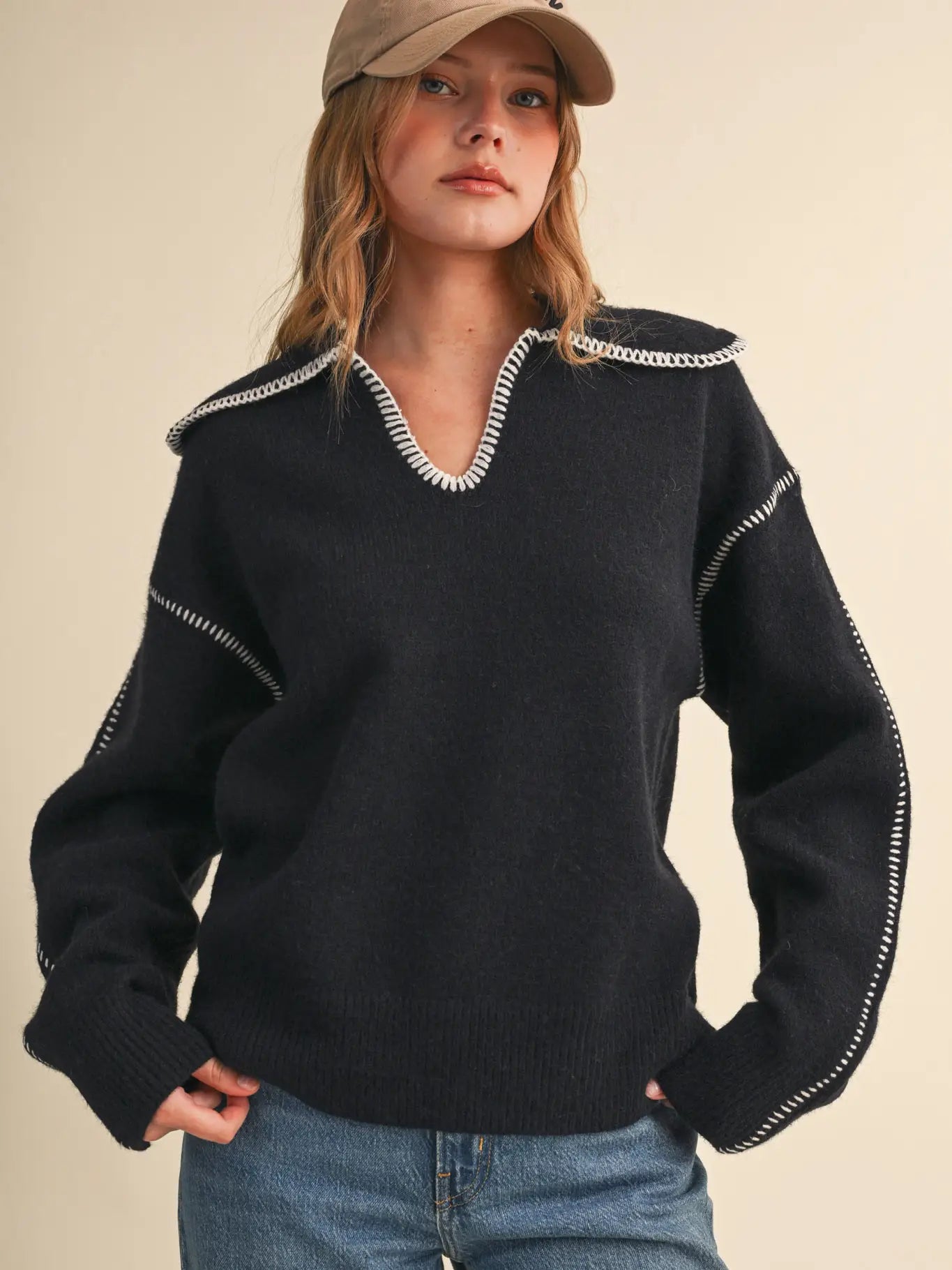 Contrast Blanket Stitch Collared Sweater
