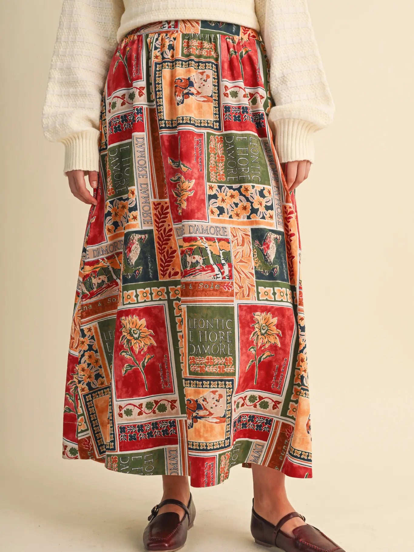 Exclusive Patch Print A-Line Midi Skirt