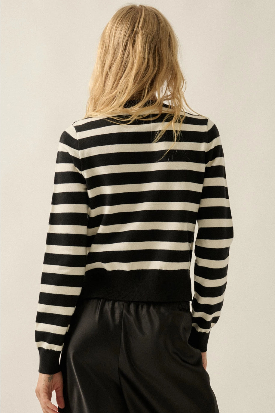Striped Knit Round-Neck Button-Front Layered Cardigan