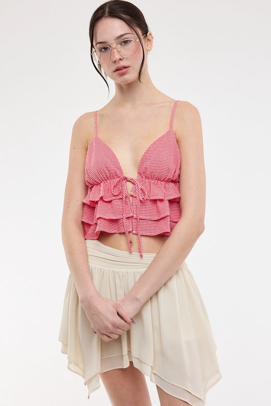 Gingham Sweetheart Sleeveless Ruffle Crop Top