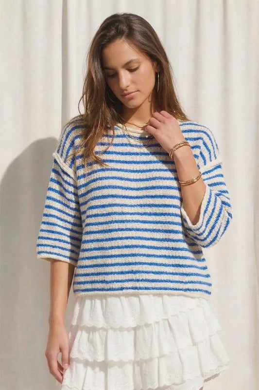 3/4 Sleeve Striped Sweater Crew Neck Top