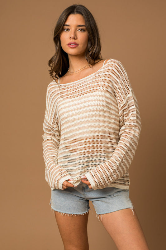 Round Boat Neck Long Slv Open Knit Sweater Top