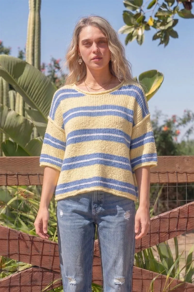 Crew Neck 3/4 Sleeve Knitted Striped Top