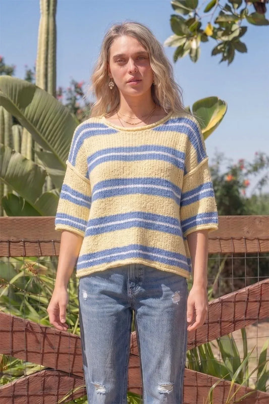 Crew Neck 3/4 Sleeve Knitted Striped Top