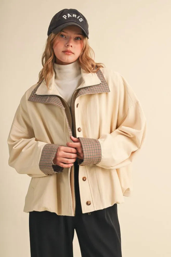 Bubble Hem Houndstooth Contrast Coat