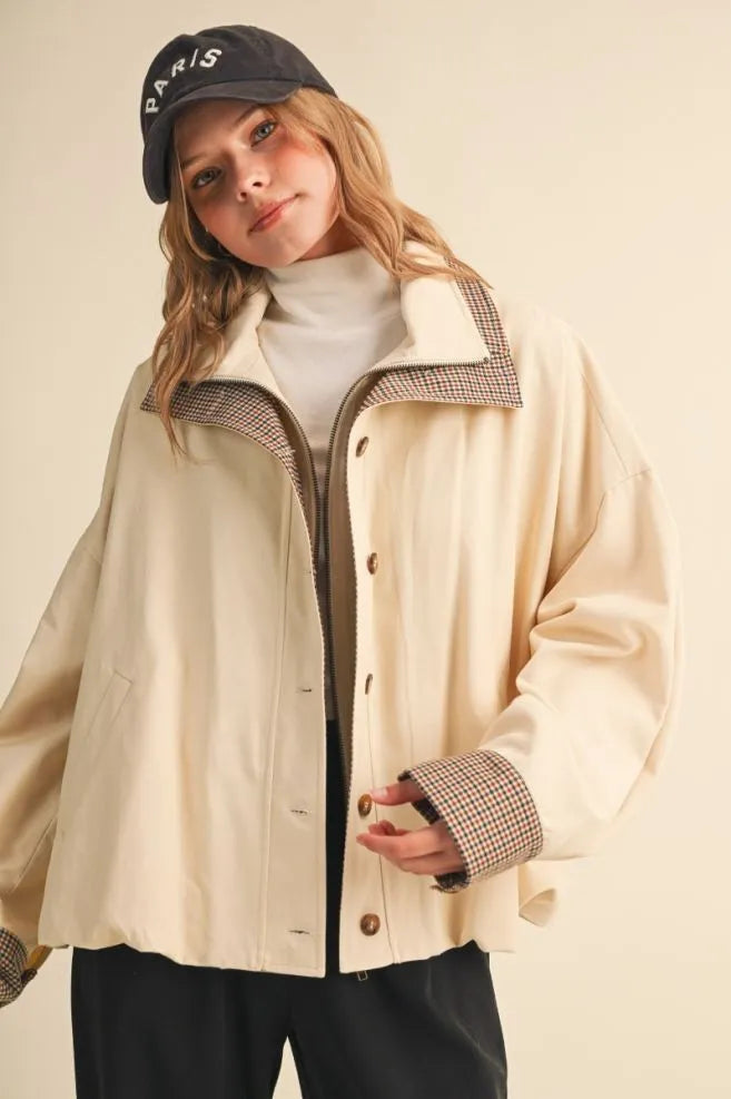 Bubble Hem Houndstooth Contrast Coat