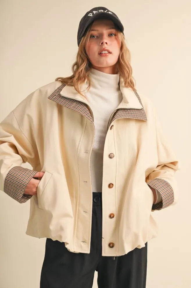 Bubble Hem Houndstooth Contrast Coat