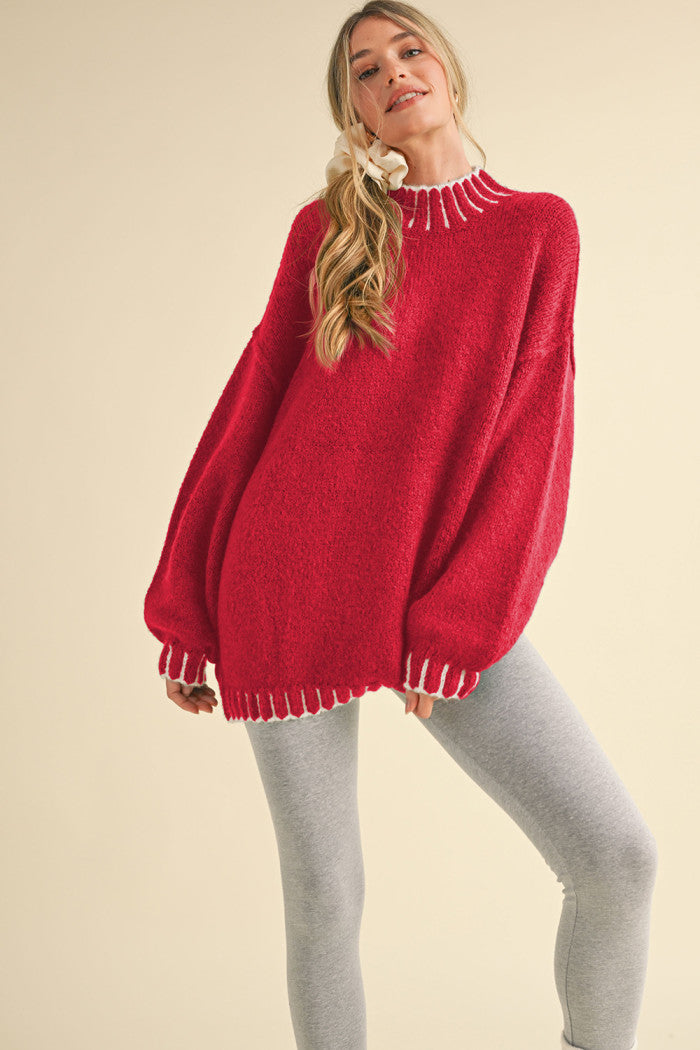 Mock Neck Loose Fit Sweater w/ Edge Detail