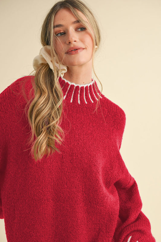 Mock Neck Loose Fit Sweater w/ Edge Detail