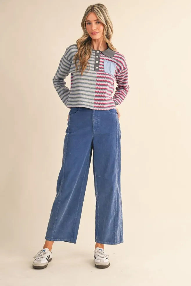 Collared Multi Color Striped Sweater Top