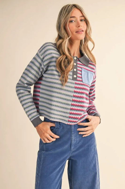 Collared Multi Color Striped Sweater Top