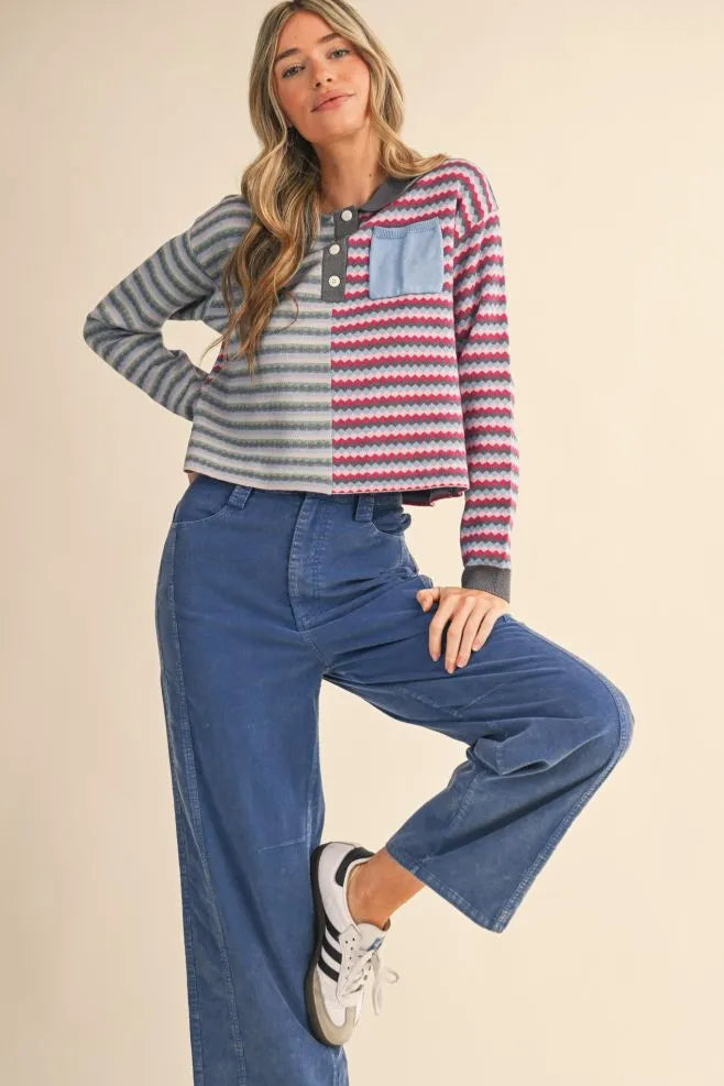 Collared Multi Color Striped Sweater Top