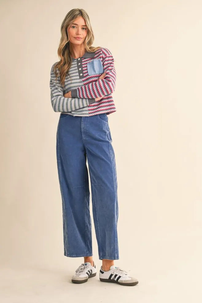 Collared Multi Color Striped Sweater Top