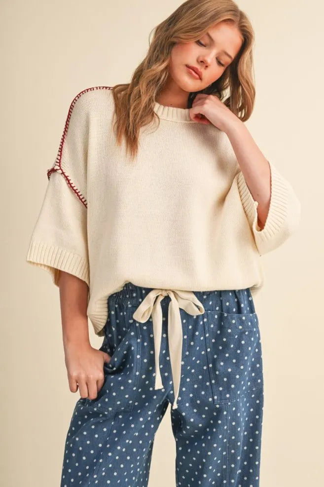 Contrast Blanket Stitch Short Sleeve Sweater