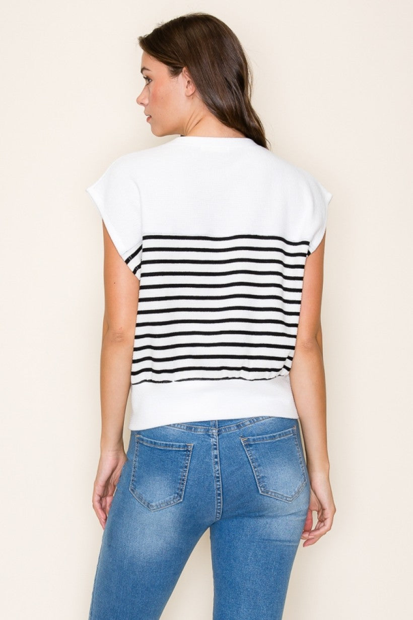 Round Neck Sleeveless Stripe Cloudy Knit Top
