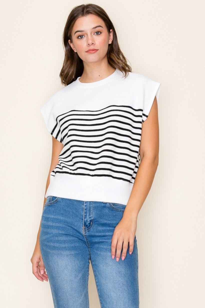 Round Neck Sleeveless Stripe Cloudy Knit Top