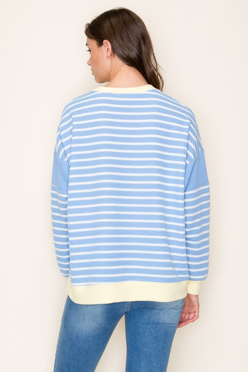 Long Sleeve Cloudy Knit Stripe w/ Colored Edges Top