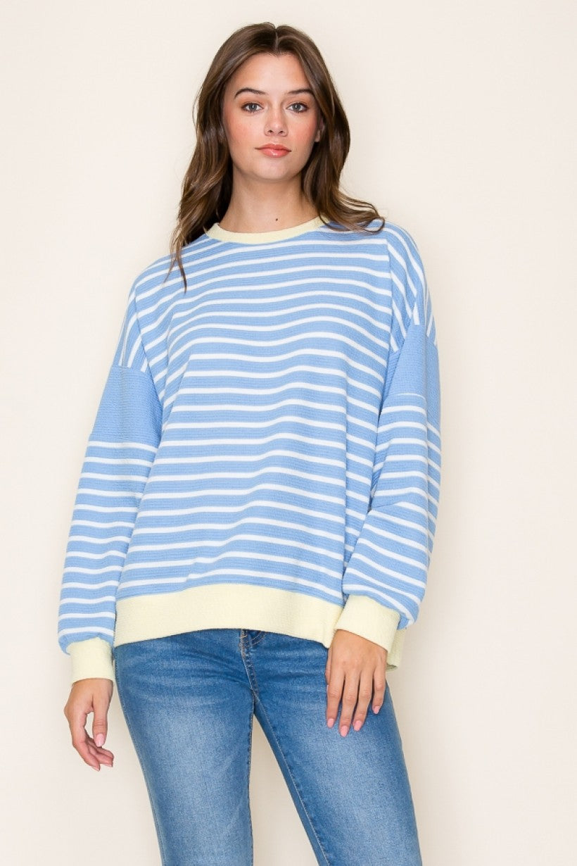 Long Sleeve Cloudy Knit Stripe w/ Colored Edges Top