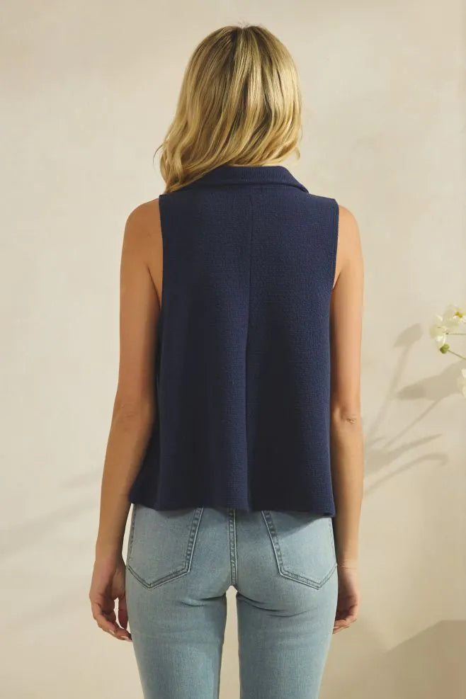 Collared Cloudy Knit V-Neck Sleeveless Tank Top