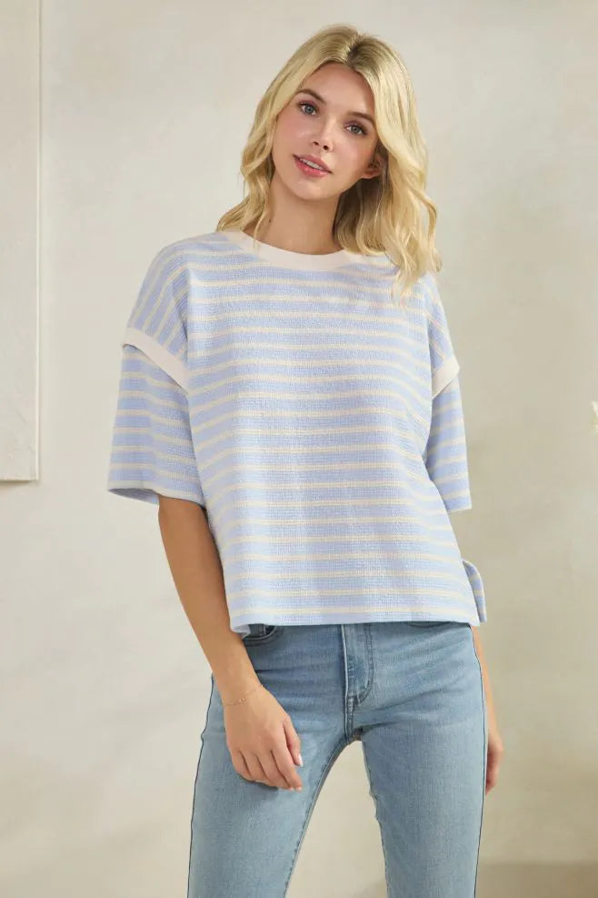 Cloudy Knit Stripe Round Neck 1/2 Sleeve Top