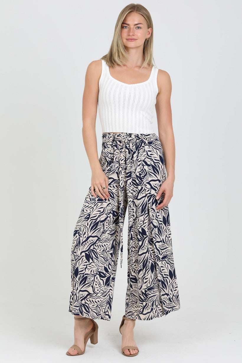 Tie Waistband Printed Pants w/ Front Slit