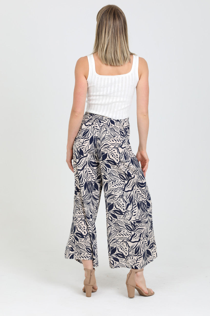 Tie Waistband Printed Pants w/ Front Slit